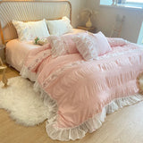 Triogift Girls Pastel Pink Bedding Set Queen King Size Luxury Embroidery Lace Ruffle Quilt Duvet Cover Pillow Shams Double Bed Linen