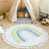 Triogift Machine Washable Tassel Carpet Round Cute Cartoon Rainbow Children Bedroom Fluffy Rug Home Decoration Creativity No Crease Mat