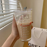 Triogift  -  Cute Letter Korean Glass Water Bottle With Straw And Lid  480ml Simple Coffee Milk Juice Breakfast Glass Cups For Drinks Gift