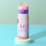 Triogift  -  Kids Stainless Steel Straw Thermos Mug With Case Cartoon Leak-Proof Vacuum Flask Children Thermal Water Bottle Thermocup