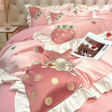 Triogift High-value Cute Princess Wind Four-piece Set Cotton 100 Cotton Strawberry Embroidery Small Fresh Bed Linen Bedding