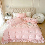 Triogift French Embroidered Lace Bubble Gauze Bedding Set Pink Elegant Princess Style Queen Duvet Cover Set Ruffled Comforter Cover Sets