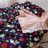 Triogift Korean Ruffle Lace Bed Skirt Set Botanical Floral Strawberry Duvet Cover with 2 Pillowcase Soft Microfiber Bedding Set Full Size