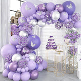 Triogift Macaron Purple Balloons Garland Arch Kit Metallic Purple Silver Latex Balloon Birthday Party 3D Butterfly Background Decoration