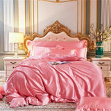 Triogift High-end Blending Natural Mulberry Silk Bedding Set Luxury Silky Queen Duvet Cover Set with Flat Sheet Quilt Cover Pillowcases