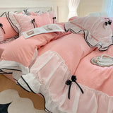 Triogift Korean Seersucker Bedding Set Princess Girls Lace Ruffled Bow Duvet Cover Double Bed Sheets Washed Cotton Twin Queen Quilt Cover