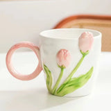 Triogift  -  1pc Tulip Flower Ceramic Mug 3D Design Creative Relief Girl Heart Coffee Cup Birthday Mothers Day Gift for Her Afternoon Tea Cup