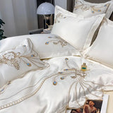 Triogift  Golden Feather Embroidery Bedding Set Luxury Pearl White Satin Cotton Bedclothes Duvet Cover Bed Sheets Set Pillowscases