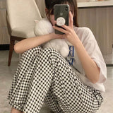 Triogift Plaid Pajamas Pants for Women Sleep Korean Style Sleepwear Summer Ankle Length Bottoms Home Room Elastic Waist Sleeping Wear New