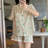 Triogift  Floral Sleepwear Women Pajama Sets Summer Piiama Korean Ruffle Short Sleeve Home Suit 2 Pieces Sleeping Night Wears Pyjamas New