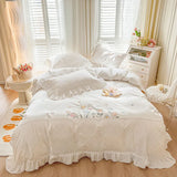 Triogift  Ruffle Trim White Flower Embroidery Cotton Bedding Set Duvet Cover Linen Fitted Sheet Pillowcases Home Textile