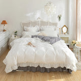 Triogift Lace Ruffles Bedding Set White and Gray Color Bedclothes for Boys/Girls Full Size Quilt Cover Sets Queen/King Bed Linen Sets