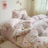 Triogift Cute Floral Duvet Cover Set Ins Korean Style with Flat Sheet Pillowcase No filler Washed Cotton Queen Full Twin Home Bed Linen