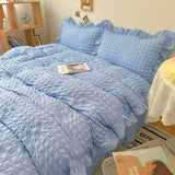 Triogift Euro Solid Color Ruffle Bedding Sets Girl Couple Fluffy Queen Duvet Cover With Bed Skirt Pillowcase Bedroom Comfort 4 Pieces Set