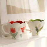 Triogift Korean Style Ins Niche Hand-painted Tulip Bleed Orchid Hand-kneaded Ceramic Cup Office Cute Mug Household Simple Dessert Cup