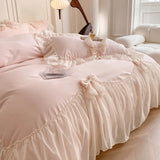 Triogift  Chiffon Lace Bedding Set Pink France Romantic Princess Wedding Ruffles Bow Soft Duvet Cover Bed Sheet Pillowcases Home Textile