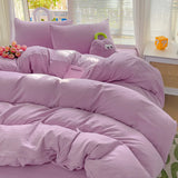 Triogift INS Purple Solid Color Bedding Sets High Quality Washed Cotton Duvet Cover with Soft Bed Sheets Pillowcase Girls Kids Bedclothes