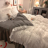 Triogift Pink Ruffled Seersucker Duvet Cover Set 3/4pcs Soft Lightweight Down Alternative Grey Bedding  with Bed Skirt and Pillowcases