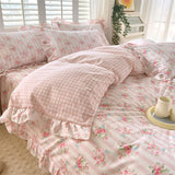 Triogift New Ruffles 100% Cotton Duvet Cover Set or Single Duvet Covers Floral Princess Style All Cotton Quilt Cover Queen Blanket Cover