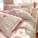 Triogift Korean Style Princess Bedding Set Luxury Pink Lattice Duvet Cover Ruffles Lace Bedspread Bed Sheet Pillowcases