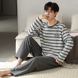 Triogift  Fashion Design Pajamas Suit Men Spring Autumn Cotton Long Sleeve Male Sleepwear Set Winter Outdoor Nightcloth Breathable Warm