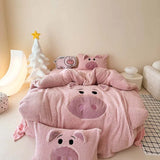 Triogift  Pink Cartoon Pig Towel Embroidery Bedding Set Warm Thick Winter Duvet Cover Linen Fitted Sheet Pillowcases Gifts For Children