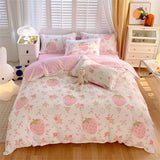 Triogift Cute Pink Strawberry Duvet Cover Flat Sheet Pillowcase Floral Bedding Set Girls Bed Linen Soft Thick Washed Cotton Bedclothes