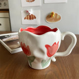 Triogift  -  Korean Style Ins Niche Hand-painted Tulip Bleed Orchid Hand-kneaded Ceramic Cup Office Cute Mug Household Simple Dessert Cup