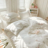 Triogift 100% Cotton Princess White Bedding Sets Korean Ruffle Bedspread Flower Embroidery Duvet Cover Bed Skirt Pillowcases Home Textile