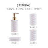 Triogift  -  White Ceramic Bathroom Five-piece Set of Simple Relief Pattern Toothbrush Cup Emulsion Bottle Soap Dish Bathroom Accessories New