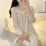 Triogift Ruffles Sleepwear Women Pajama Sets Lace-up Long Pants Sets 2 Pieces Piiama Solid Korean Style Full Sleeve Autumn Night Wears