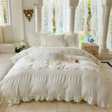 Triogift Korean Style Bed Set Seersucker Flower Embroidery Four Piece Set With Lace Bed Flat Sheet Pillowcase Duvet Cover Set Textiles