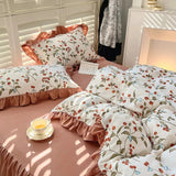 Triogift  New Fresh Floral Pattern Cotton Girl Heart Duvet Cover Suit Soft Luxury Bedding Set Fashion Dormitory Quilt Cover Pillowcase Kit