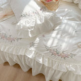 Triogift 100% Cotton Princess White Bedding Sets Korean Ruffle Bedspread Flower Embroidery Duvet Cover Bed Skirt Pillowcases Home Textile