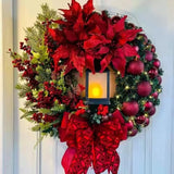 Triogift Christmas Wreath With Lamp For Front Door Bow Ball Flower Garland Christmas Ornaments Window Door Hanging Christmas Decorations