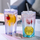 Triogift  -  1set Glass Cup with Straw and Lid Five-Pointed Star Glass Color Gradient Mug Cold Drink Ice Coffee Mug Drinkware Desktop Decor