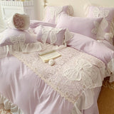 Triogift Korean Princess Wind Bedding Set Lace Bow Solid Color Beautiful Edge Lace Pleated Bedding Cover Luxury Girl Wedding Home Bed