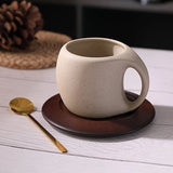 Triogift 1set 250ml Vintage Ceramic Coffee Cup and Saucer Coffee Mug Retro Teacup Gift American Latte Mug with Spoon and Wooden Coaster