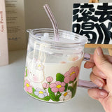 Triogift  -  Kawaii Animal Glass Cup With Lid Straw Cute Flower Coffee Mug Milk Wine Hot Drinks Korean Water Juice Cup Drinkware Gift 600ml