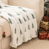 Triogift Soft Faux Fur Blanket Reversible Fuzzy Long Hair Shaggy Blanket Fluffy Plush Fleece Christmas Tree Embroidered Throw Blanket