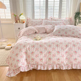 Triogift New Ruffles 100% Cotton Duvet Cover Set or Single Duvet Covers Floral Princess Style All Cotton Quilt Cover Queen Blanket Cover