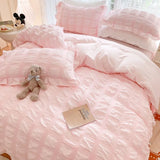 Triogift Seersucker Princess Bed Set Solid Color Quilt Cover Kawaii Ruffle Lace Bed Skirt For Girls Woman Bedspread Decor Home