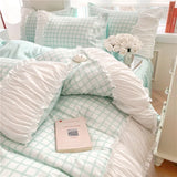 Triogift Korean Style Princess Bedding Set Luxury Pink Lattice Duvet Cover Ruffles Lace Bedspread Bed Sheet Pillowcases