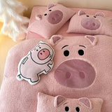 Triogift  Pink Cartoon Pig Towel Embroidery Bedding Set Warm Thick Winter Duvet Cover Linen Fitted Sheet Pillowcases Gifts For Children