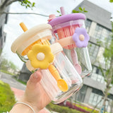 Triogift  -  Kawaii Flower Glass Cup Aesthetic With Lid Straw Infuser Glass Bottle Tumbler For Water Tea Juice Vintage Drinking Bottle 600ml