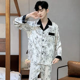 Triogift  High Quality Satin Printed Pajamas Set Men's Nightwear Ice Silk Long Sleeve Loose Thin Teen Home Clothing Wear Suit Male Pyjama