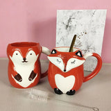 Triogift  -  330ml Ceramic Fox Coffee with Lid Cartoon Animal Decoration Couple Drinking Cup Simple Breakfast Mug Afternoon Camellia Tea Cup