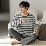 Triogift  High Quality Men Pajamas Suit Pure Cotton Long Sleeved Autumn Winter Nightcloth Outdoor Male Breathable Fashion Sleepwear Set