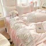 Triogift Korean Style Princess Bedding Set Luxury Pink Lattice Duvet Cover Ruffles Lace Bedspread Bed Sheet Pillowcases