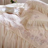 Triogift  Pink Flowers Embroidery Bedding Sets Luxury Egyptian Cotton Chiffon Lace Duvet Cover Bed Sheet Pillowcases Princess Bedclothes